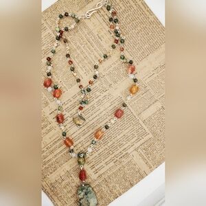 CHRYSOPRASE, CARNELIAN & CRYSTALS HANDMADE NECKLACE IN STERLING SILVER METAL